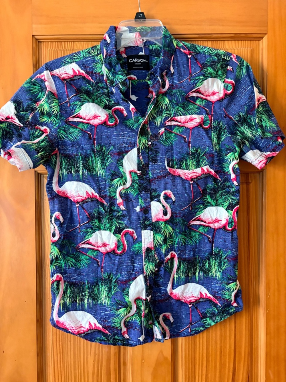 Carbon Navy Button-Down Shirt with Pink Flamingo Print